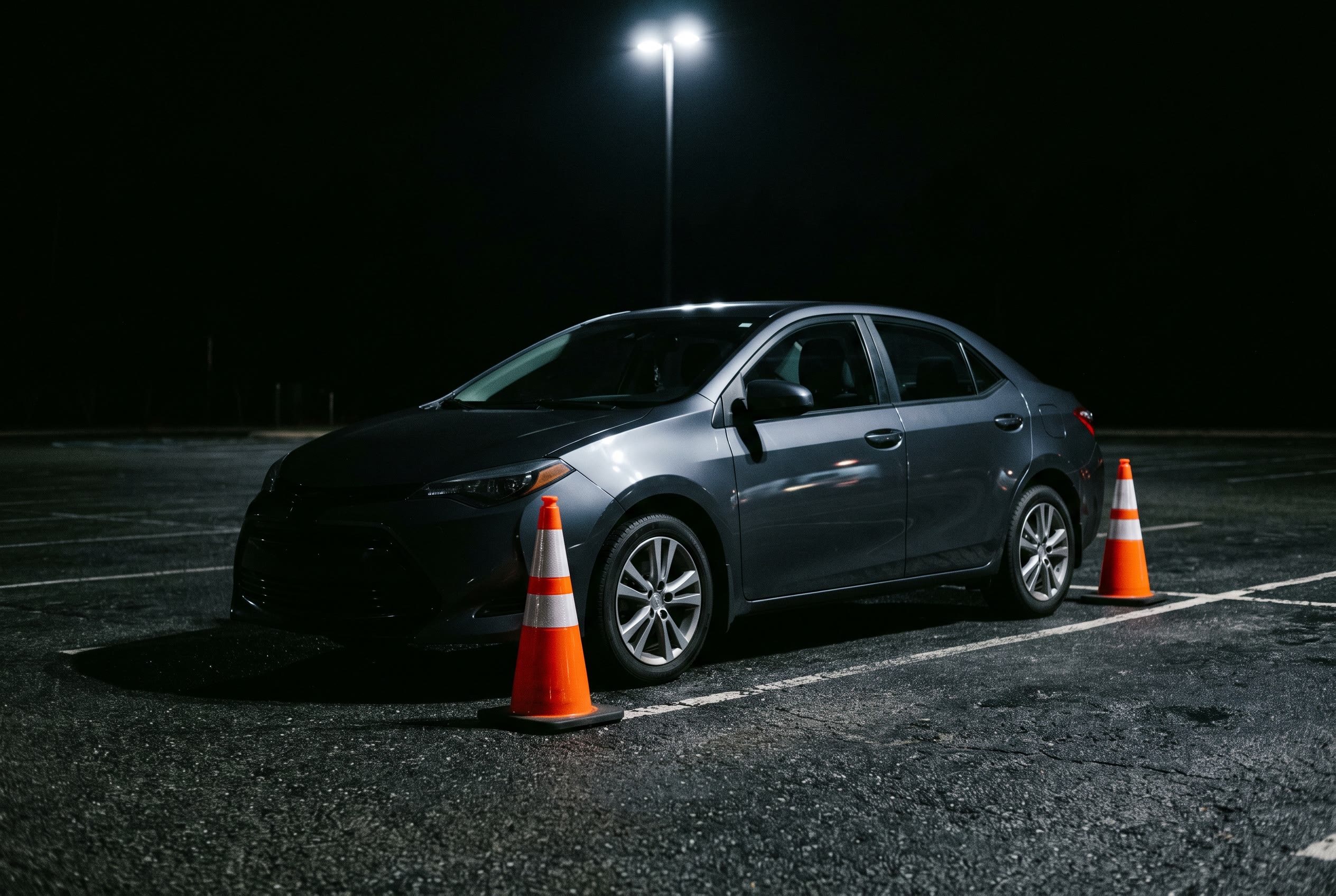 Sedan parallel parked between traffic cones at night